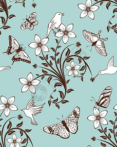 复古无缝矢量花朵蝴蝶小鸟图案矢量设计元素背景图片