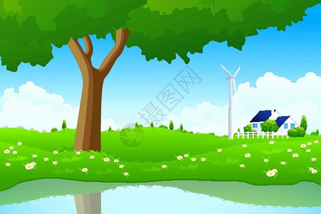 绿色景观树林风电站和房屋图片