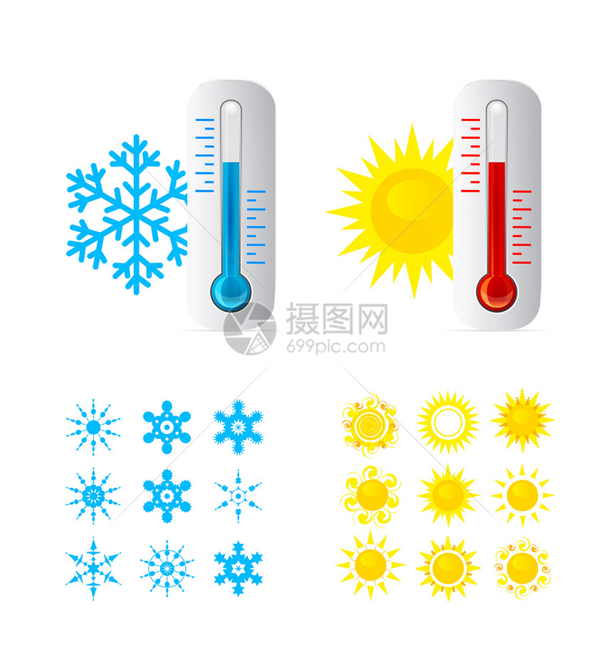 温度计热和冷度还有太阳和雪花图标矢量振荡图片