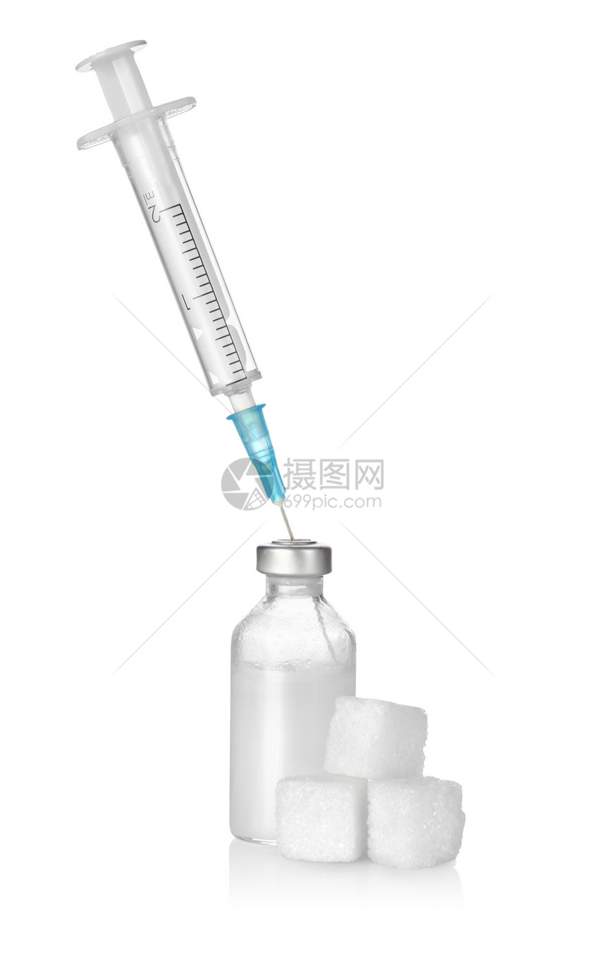 白底隔离的胰岛素糖和注射器图片