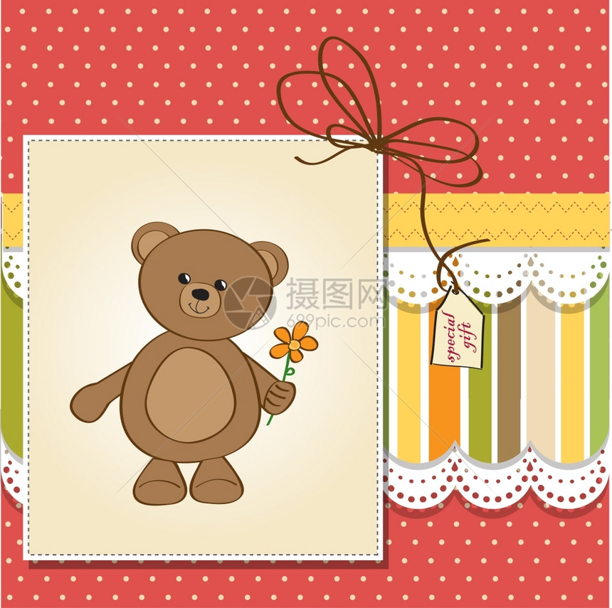 带泰迪熊和花朵的生日快乐卡图片
