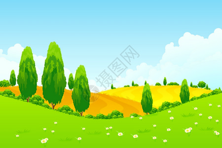 卡通绿树和田地景观图片