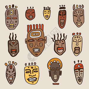 非洲部落装饰品非洲面具集民族手绘矢量图插画