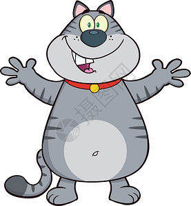 快乐的灰猫卡通马斯科特字符用打开的手臂来抱图片