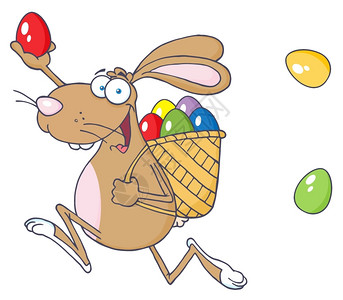 复活节快乐兔子与篮和鸡蛋一起奔跑图片