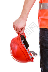 红帽在建筑工的头手里橙色安全背心在白上隔离工业作安全室中坚硬的高清图片素材