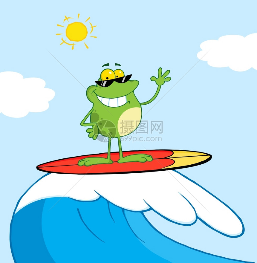 卡通可爱海上冲浪时快乐的青蛙图片