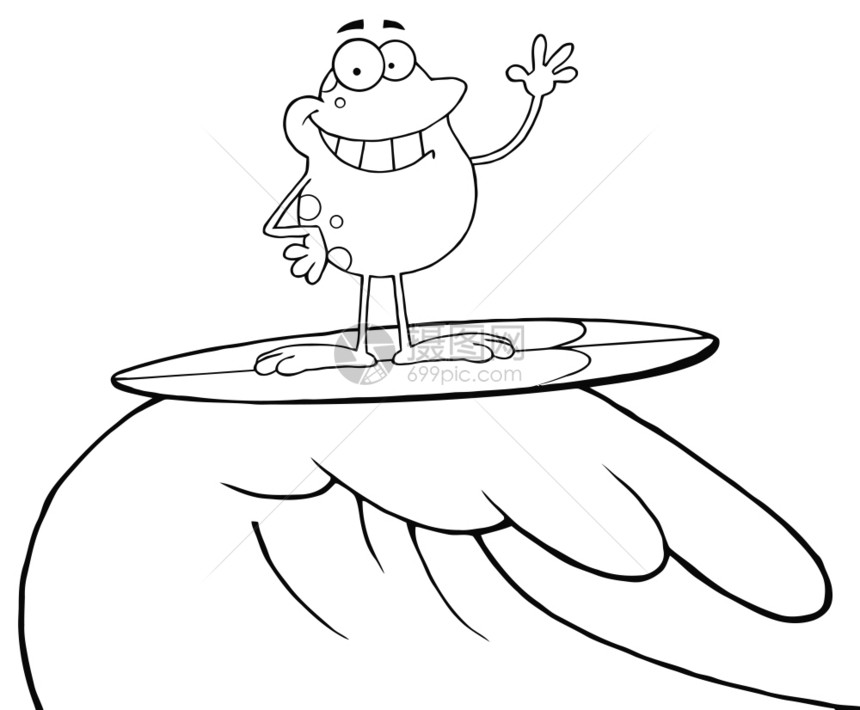 黑白线稿卡通可爱海上冲浪时快乐的青蛙图片