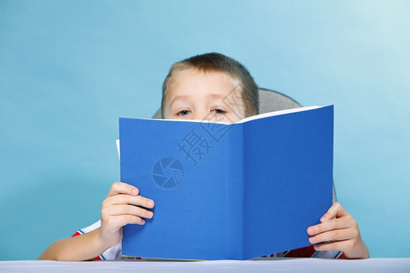 年轻男孩在看书蓝背景的小孩拿着一本公开的书图片