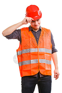 建筑工人长穿着橙色安全背心戴着红色硬帽孤立在白色上工业作安全室中孤立的高清图片素材