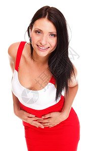 穿着短红色热身裙的感拉丁女人孤立的白色图片