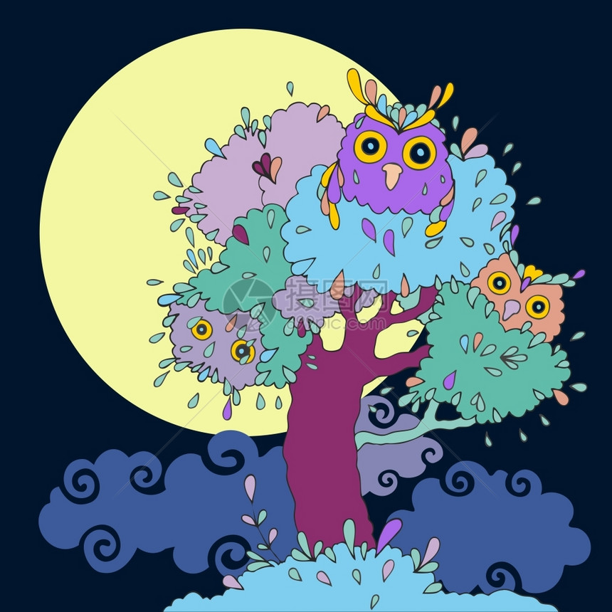 有趣的树上猫头鹰矢量插图图片
