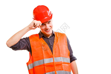 建筑工人长穿着橙色安全背心戴着红色硬帽孤立在白色上工业作安全室中工作室高清图片素材