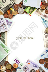 外国硬币和钞票框架图片