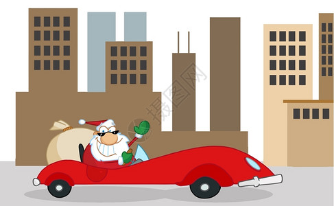 蔚来汽车圣诞老人坐汽车来城市卡通图插画