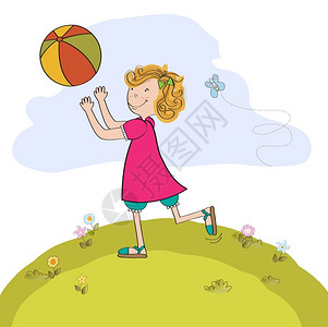 草地上玩球的女孩矢量插图图片