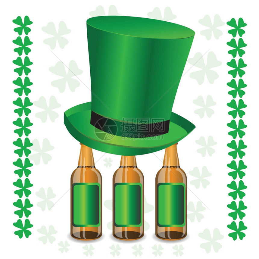 用你设计的啤酒和绿色帽子以瓶啤酒和绿色帽子展示多彩的插图图片