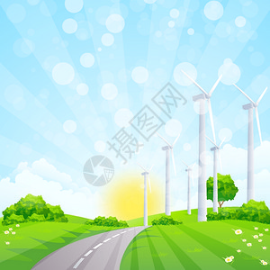 绿色景观风电站树和道路图片