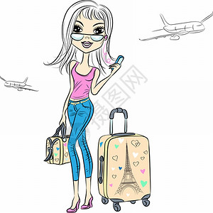 穿着手提箱的美时装女孩乘坐飞机环游世界图片