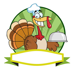 感恩节火鸡厨师土耳其厨师服务于A盘白板绿旗插画