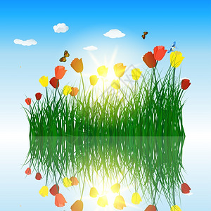 绿色的草地上盛开着郁金香和飞舞的蝴蝶矢量插画背景图片