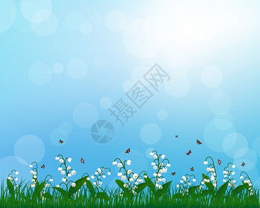 百合花蝴蝶绿色的草地上盛开的鲜花和飞舞的蝴蝶矢量插画背景插画
