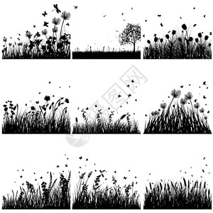黑白草地上盛开的鲜花和飞舞的蝴蝶矢量插画背景图片