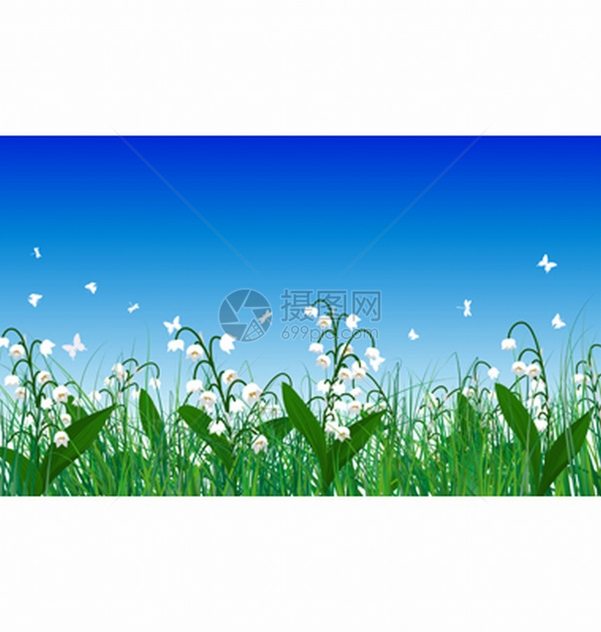 绿色的草地上盛开的鲜花和飞舞的蝴蝶矢量插画背景图片