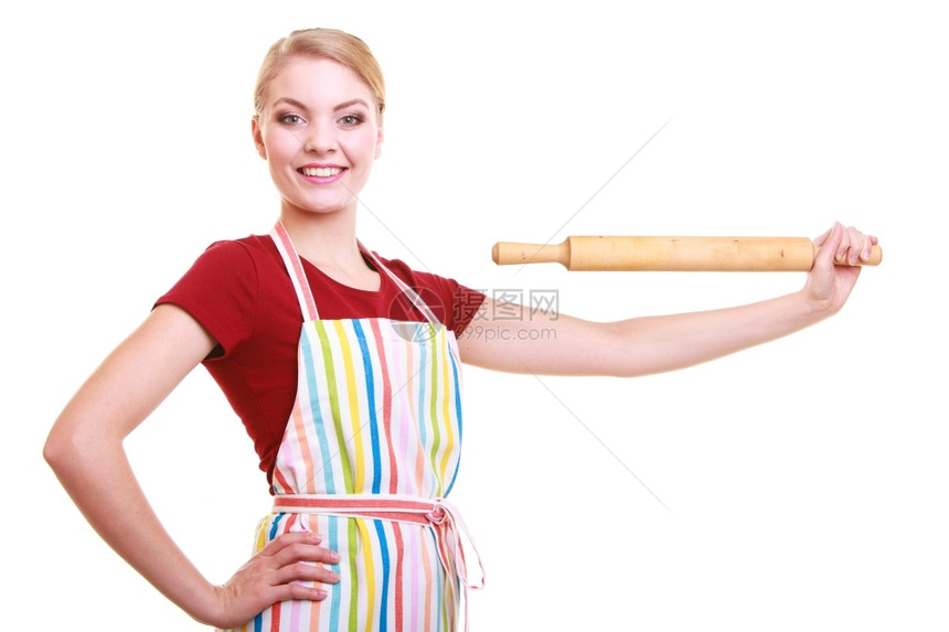 快乐家庭主妇或穿着厨房围裙的面包师厨穿着房围裙的快乐家庭主妇或面包师厨持有烘烤滚针为白纸上孤立的文本食谱制片室图作框架复空间图片