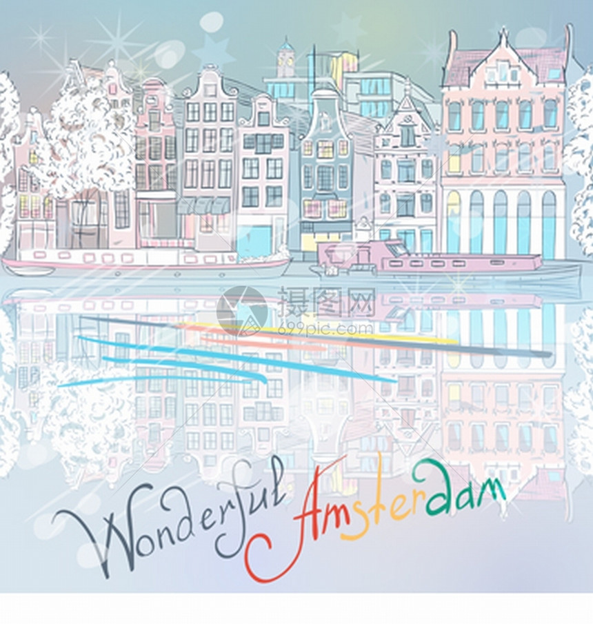 荷兰阿姆斯特丹运河的圣诞城市景象典型的荷兰码头房屋和船只图片