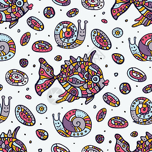卡通装饰花纹鱼和蜗牛矢量元素背景背景图片