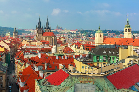 英格堡小镇在捷克布拉格的旧城广场布拉格堡和哈德卡纳的空中巡视背景