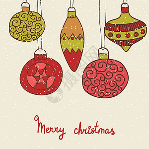 圣诞节手画明信片装饰有Xma玩具球挂在带珠子的上图片