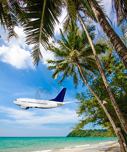 航空客机从热带海飞过图片
