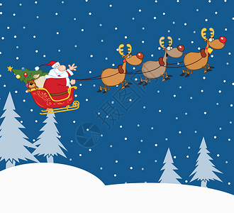 圣诞夜与驯鹿和雪橇一起飞行的圣诞老人图片
