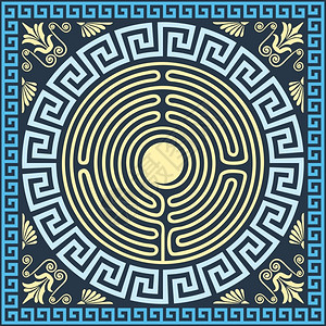 圆形迷宫传统的古金蓝色广场和圆形希腊装饰品Meander迷宫和花式插画