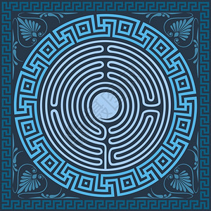 圆形迷宫传统古蓝色广场和圆形希腊装饰品Meander迷宫和花式插画
