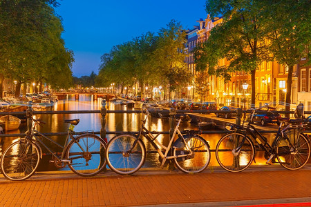 荷兰阿姆斯特丹运河桥梁船只和自行车的夜景图片