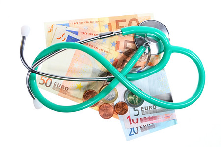 良好的医疗保健服务概念欧元纸钞的绿色听诊器图片
