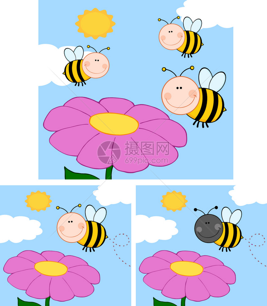 卡通可爱蜜蜂采蜜矢量插画图片