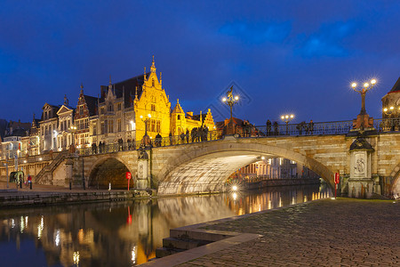 图片中世纪建筑和圣迈克尔39比利时根特日落桥高清图片