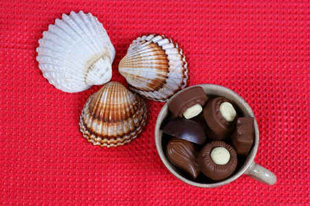 巧克力面条糖杯子贝壳红色背景美味的黑巧克力面条和牛奶巧克力面条图片