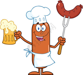 烧烤叉快乐的厨师香肠卡通字符持有啤酒和腊肠在叉子上插画