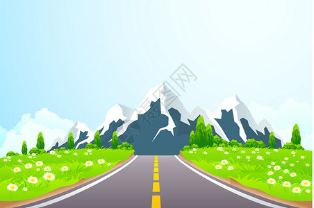 蓝色天空下的道路和山丘的绿色景观图片