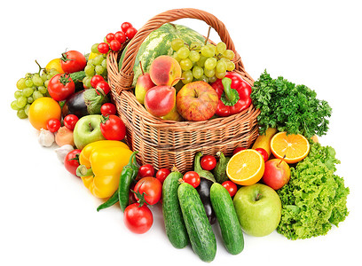 白底隔离的篮子水果和蔬菜孤立的高清图片素材