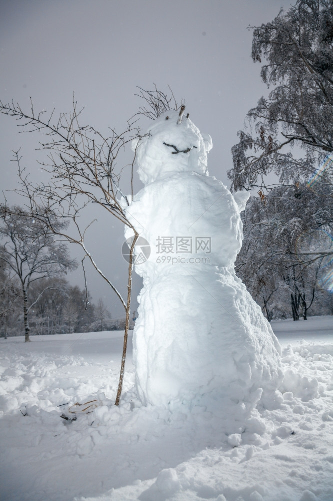 大雪人站在森林里图片