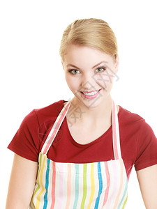 身穿条纹厨房围裙的微笑家庭主妇或小商业拥有者店主企业家助理图片
