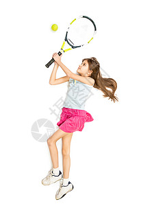 孤立的照片快乐黑发女孩打网球图片