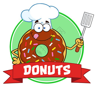 烤鸭肠串巧克力厨师甜圈卡通字符带有串状圆环标签插画