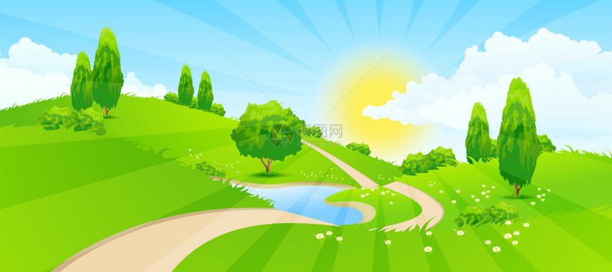 绿色景观山丘树木云湖泊太阳和道路图片